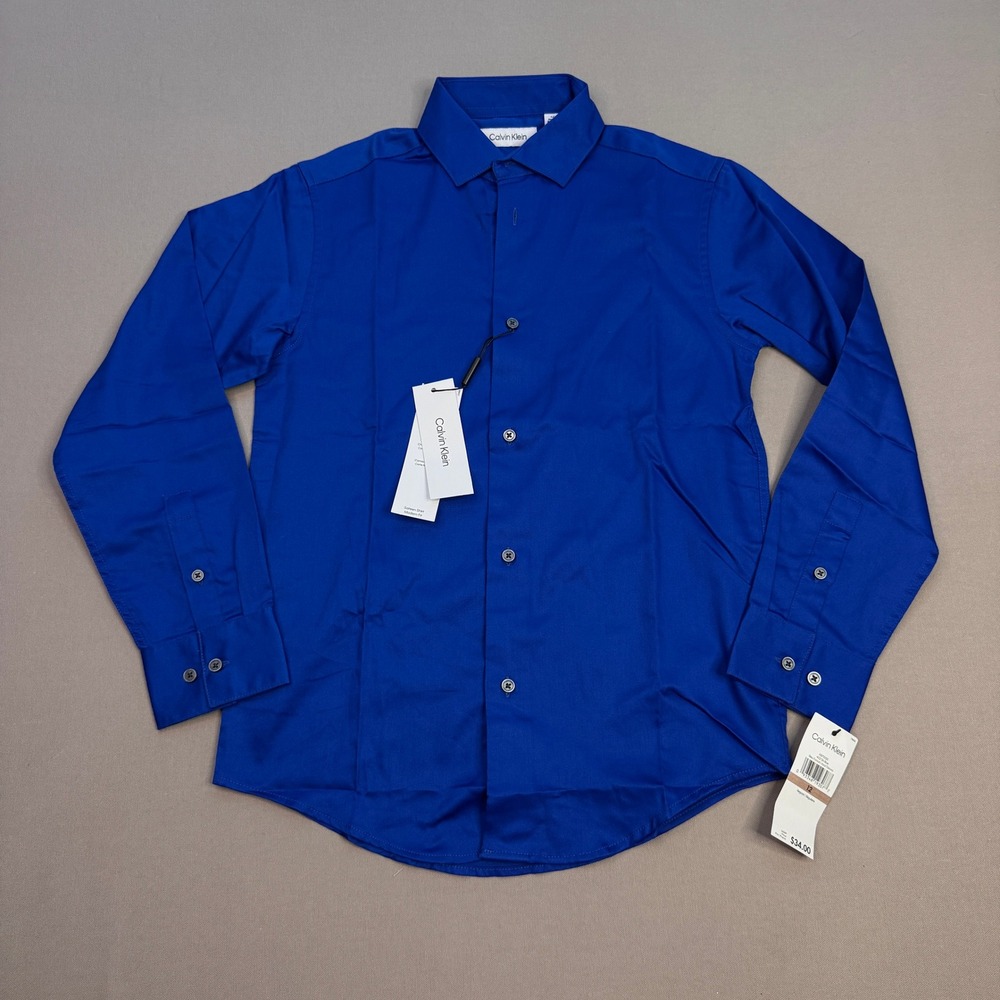 Calvin Klein Boys Dark Blue Sateen Dress Shirt Modern Fit Size 12 NWT K871033